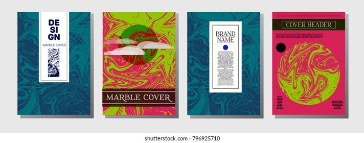 Natural, Organic Waves Vector Marbling Covers. Cool A4 Green, Purple Funky Hipster Texture. Marble Stone Texture, Newspaper Template. Ebru, Suminagashi, Liquid Paint, Paper, Card, Marble Covers