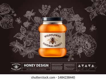 Natural organic wildflower honey in realistic 3d glass jar with vintage hand drawn etching flowers on blackboard. Vector chalkboard illustration for package design of beekeeping advertising poster