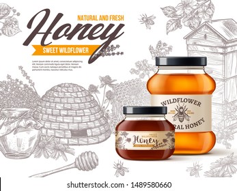 Natural organic wildflower honey in realistic 3d glass jars with vintage hand drawn etching flowers, hives, honey stick. Vector illustration design of beekeeping advertising poster. Package design