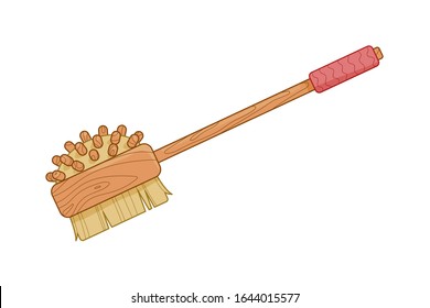 natural organic wooden two side brush for body dry massage. long handle. health skin care. Scrubber to exfoliation, removes dead cells, smooth. isolated vector illustration on white. outline style