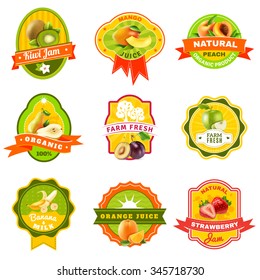 Natural organically grown fruits products emblems labels collection for healthy responsible diet abstract isolated vector illustration