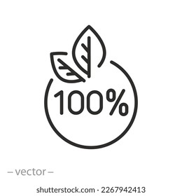 natural origin icon, 100% bio product, circle with leaves, line symbol on white background - editable stroke vector illustration eps10
