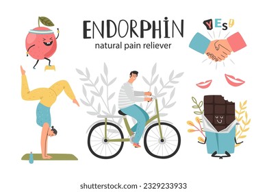 Natural pain reliever, endorphin hormone health colorful vector illustration of endorphin structure cartoon, sweet feeling from delicious food