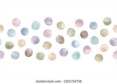 Natural pale colors watercolour round paint spots seamless vector border, uneven dots design element, text background. Watercolor circle shape stains, smears, strokes. Brush drawn decoration, frame.