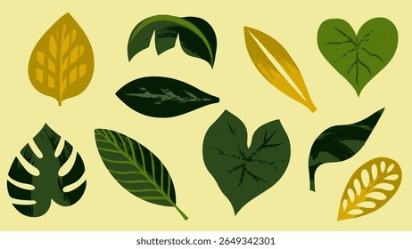 Paleta natural de folhas tropicais e de selva em verdes terrosos e amarelos com formas vetoriais arrojadas. Conceito de material educativo sobre flora e biodiversidade