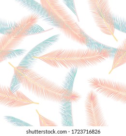 Natural palm tree foliage vector seamless ornament. Romantic graphic design. Exotic rainforest palm tree foliage fashion print seamless pattern.