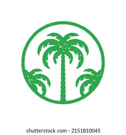 Natural palm trees in circle frame sea beach resort logotype hand drawn grunge texture vector illustration. Green tropical plant round border emblem for summer travel vacation decorative design