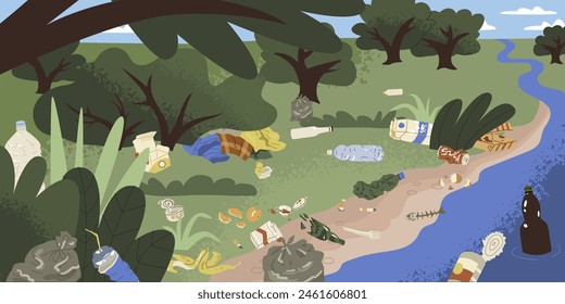 Natural panorama in flat style. Horizontal landscape with a river, polluted with garbage and human waste. Background for nature and environmentalists. Vector illustration with isolated elements.