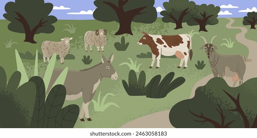 Natural panorama in flat style. Horizontal landscape with grazing ungulates. Background for studying the animal world. Vector illustration with isolated elements.