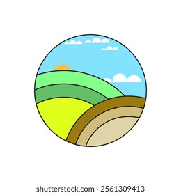 natural panorama with mountain clouds and sunrise inside circle