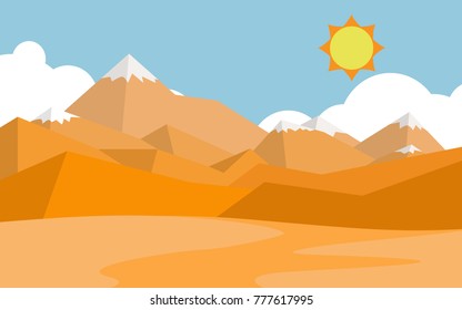 Natural panorama view of the mountain range in orange color sunshine day with desert in the foreground and big cloud with the sun in the background for wallpaper, background or backdrop