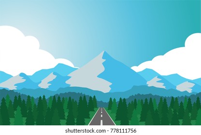 Natural panorama view of the mountain range with some snow on the top hat of mountain with the country road lead to the mountain and pine tree forest on the both side of the road 