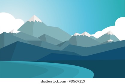 Natural panorama view of the mountain range with some snow on the top of mountain hat, near the ocean sea coast with clear blue sky for wallpaper, background or backdrop