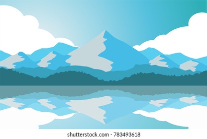 Natural panorama view of the mountain range with some snow on the top of mountain hat, near the ocean sea coast with reflection on the sea surface for wallpaper, background or backdrop