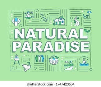 Natural paradise word concepts banner. Village lifestyle. Environment and ecology. Infographics with linear icons on mint background. Isolated typography. Vector outline RGB color illustration