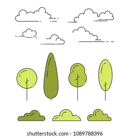 Natural park elements set of trees, shrubs and clouds in line art with editable stroke isolated on white background. Outline abstract plants and sky symbols in vector illustration.