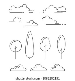 Natural Park Elements Set Of Trees, Shrubs And Clouds In Line Art With Editable Stroke Isolated On White Background - Outline Abstract Plants And Sky Symbols In Vector Illustration.