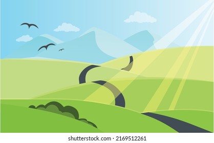 Natural park or forest outdoor background with mountains and road.