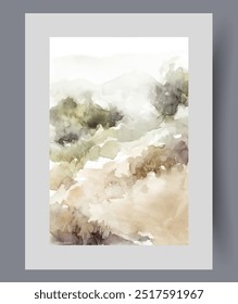 Natural park with hilly terrain on watercolor poster, with bushes and trees on mountainside. National natural park with rare plants from red book, in warm sunny weather in summer season. Print, decor