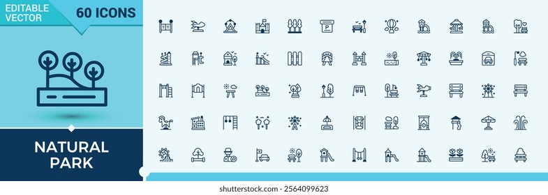 Natural Park icon set. Includes thin line playground, camp, forest, construction, landscape, tree, park, business. Editable vector outline and solid icons.