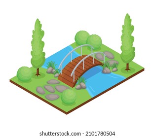 Natural park landscape 3d composition with bridge over river and green trees isometric vector illustration