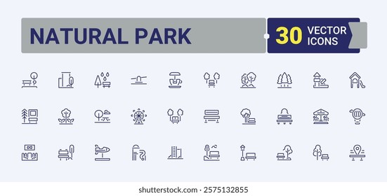 Natural Park lined icons set. Includes icons for construction, bridge, style, sun, forest, car, farm and more. Outline symbol collection. Editable stroke.