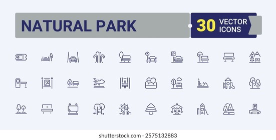 Natural Park lined icons set. Includes icons for construction, bridge, style, sun, forest, car, farm and more. Outline symbol collection. Editable stroke.