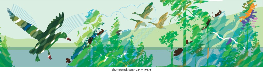 Natural park, original silhouette, urban recreation area, lake with ducks