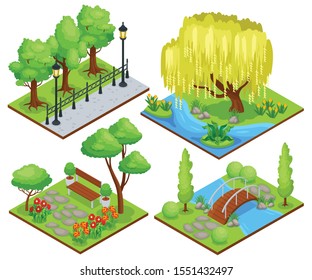 Natural park protected landscape recreation areas concept 4 isometric compositions with weeping willow flower beds vector illustration 