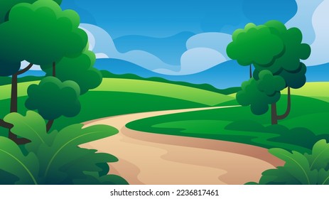 Natural park spring horizontal illustration. Footpath through the forest on a green field background.