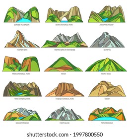 Natural parks with mountains and rocks. Vector mountain peaks and ranges, landscape scenery set. Linear icons of world tourist sightseeing or landmarks. Matterhorn, Olympus, Mont Blank, Grand Paradiso