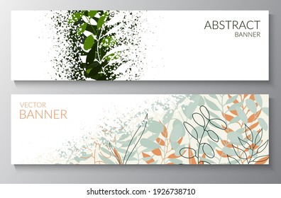 Fondo natural pastel con hojas de color. Conjunto de banners con puntos texturados con lugar para texto. Diseño plano moderno para el embalaje, publicidad, felicitaciones, redes sociales. Vector.