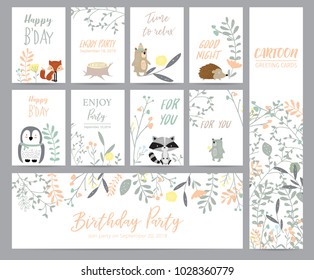 Natural pastel greeting card with wild,porcupine,bear,skunk,penguin,flower and leaf