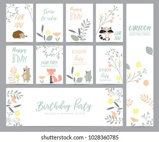 Natural pastel greeting card with wild,porcupine,bear,skunk,penguin,flower and leaf