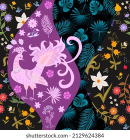 
Natural patchwork pattern with fabulous peacock, palm leaves, butterfly flowers. Seamless print for fabric. Ornament for a pillow. napkins, pockets. Beautiful vector illustration.
