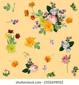 Natural pattern. Beautiful garden flowers and bouquets isolated on an orange background. Vector illustration. Seamless print for fabric in a romantic style. Bed linen, clothes, bright wallpaper.