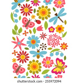 Natural pattern with beautiful simple flowers, beetles and butterflies.