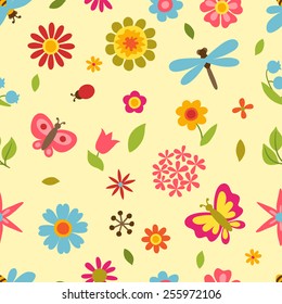 Natural pattern with beautiful simple flowers, beetles and butterflies.