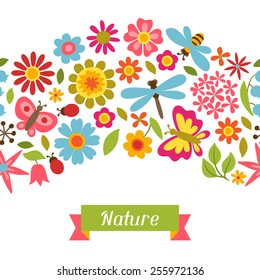 Natural pattern with beautiful simple flowers, beetles and butterflies.