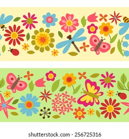 Natural pattern with beautiful simple flowers, beetles and butterflies.