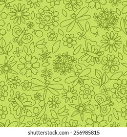 Natural pattern with beautiful simple flowers, beetles and butterflies.