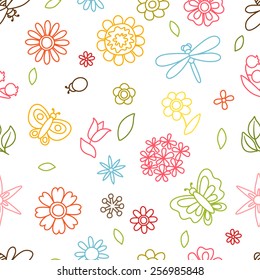 Natural pattern with beautiful simple flowers, beetles and butterflies.