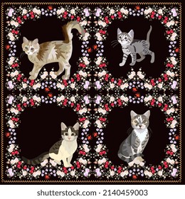 Natural pattern with cats and small flowers on a black background for pillows, napkins, pillowcases. Vector illustration. Animal print with Chinese New Year 2023 symbols.