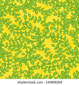 natural pattern with green branches on a yellow background. vector illustration 