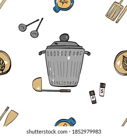 natural pattern of kitchen appliances and food, pattern for fabric, illustration of cartoon pan, plates and soup, vector image