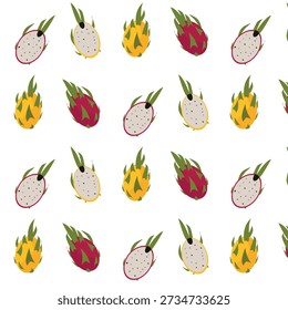 A natural pattern of yellow and pink dragon fruit. Pitahaya pieces on a transparent background. Tropical dragon fruit. For textiles, packaging, wallpaper, postcards, or covers.