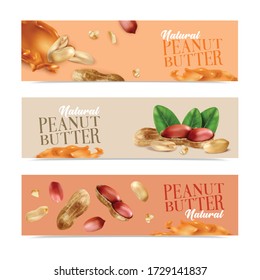 Natural peanut butter horizontal banners with peeled nuts and nuts in shell realistic vector illustration