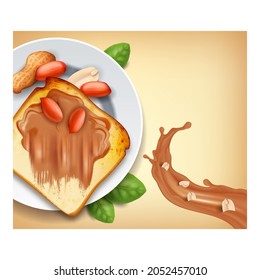 Natural Peanut Butter Promotional Banner Vector. Natural Peanut Butter On Toast Bread Food, And Nuts On Plate, Green Leaves And Nutty Splash On Advertising Poster. Style Concept Template Illustration