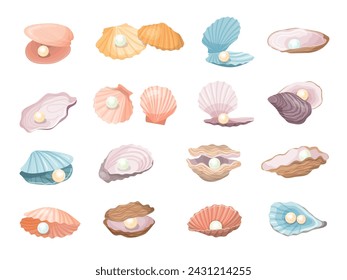 Natural pearl. Aquatic seashell with pearls recent vector luxury beautiful jewelry