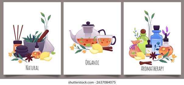 Natural perfumery or aromatherapy organic products. Vector flat posters design set. Flask with herbal mixture, teapot with flowers and spices, mortar and pestle with plants. Floral fragrance cosmetic